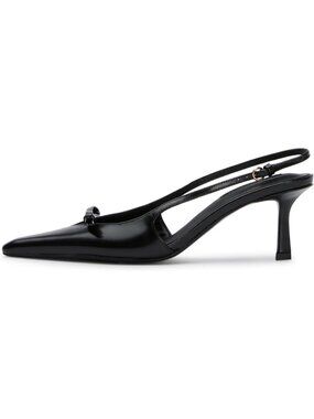 Women's Black Slingback Bow Pointed Toe Kitten Heel Pumps Backless Stiletto Heel